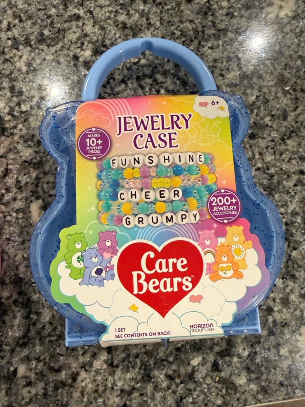 Care Bears blue Jewelry Case with Multicolor Bead Bracelets. New.